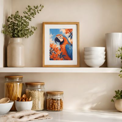 Macaw Wall Art, Tropical Bird Poster, Blue Orange Botanical Decor