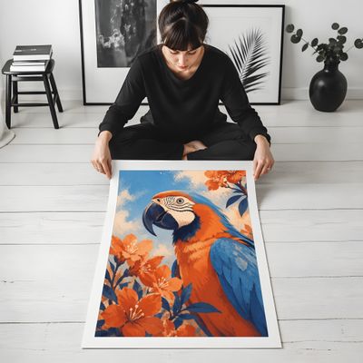 Macaw Wall Art, Tropical Bird Poster, Blue Orange Botanical Decor