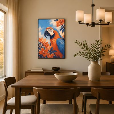 Macaw Wall Art, Tropical Bird Poster, Blue Orange Botanical Decor