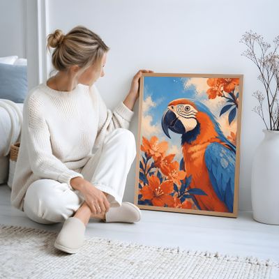 Macaw Wall Art, Tropical Bird Poster, Blue Orange Botanical Decor