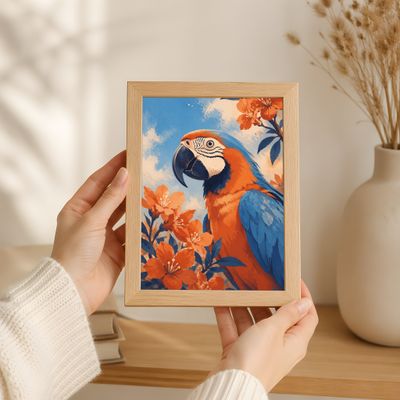 Macaw Wall Art, Tropical Bird Poster, Blue Orange Botanical Decor