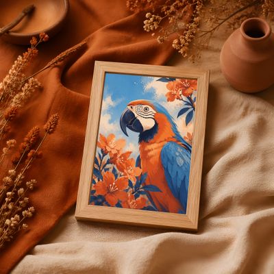 Macaw Wall Art, Tropical Bird Poster, Blue Orange Botanical Decor