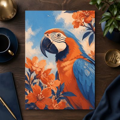 Macaw Wall Art, Tropical Bird Poster, Blue Orange Botanical Decor