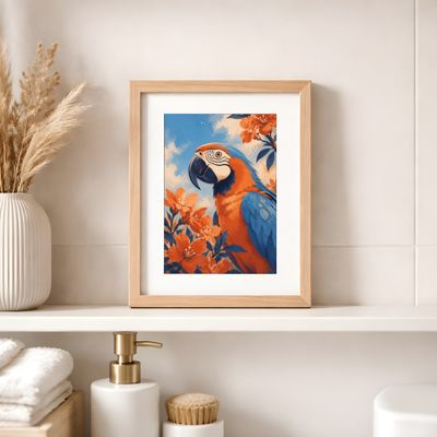 Macaw Wall Art, Tropical Bird Poster, Blue Orange Botanical Decor