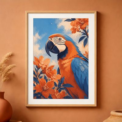 Macaw Wall Art, Tropical Bird Poster, Blue Orange Botanical Decor