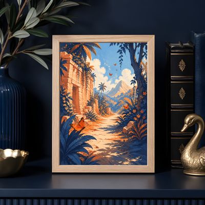 Tropical Ruins Poster, Jungle Landscape Wall Art, Butterfly Nature Decor