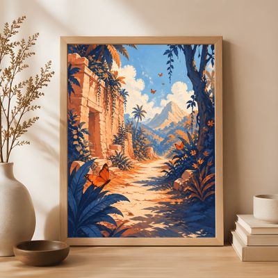 Tropical Ruins Poster, Jungle Landscape Wall Art, Butterfly Nature Decor