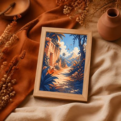 Tropical Ruins Poster, Jungle Landscape Wall Art, Butterfly Nature Decor