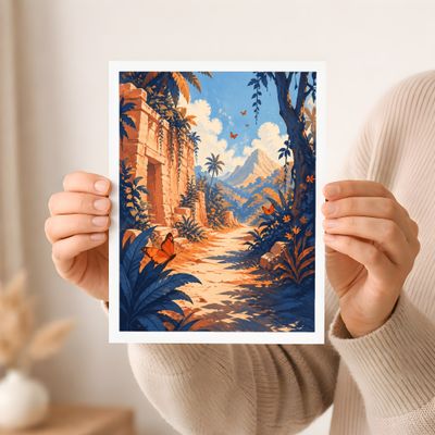 Tropical Ruins Poster, Jungle Landscape Wall Art, Butterfly Nature Decor