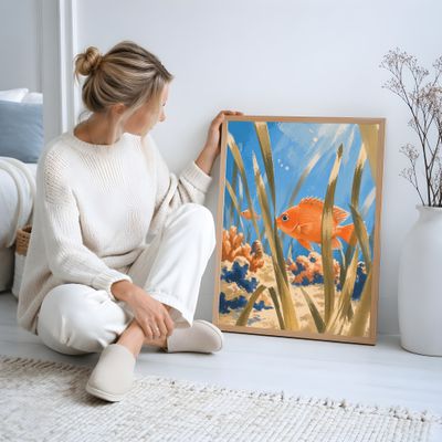 Orange Fish Wall Art, Coastal Ocean Poster, Underwater Beach Decor