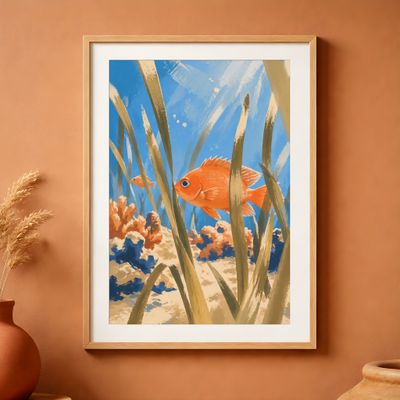 Orange Fish Wall Art, Coastal Ocean Poster, Underwater Beach Decor