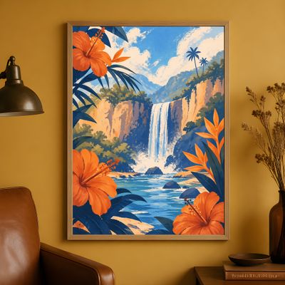 Tropical Waterfall Wall Art, Hibiscus Landscape Poster, Coastal Botanical Decor