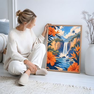 Tropical Waterfall Wall Art, Hibiscus Landscape Poster, Coastal Botanical Decor