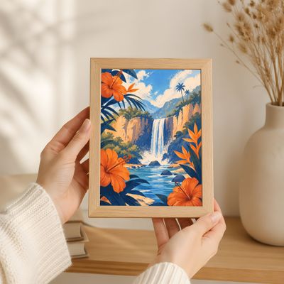 Tropical Waterfall Wall Art, Hibiscus Landscape Poster, Coastal Botanical Decor
