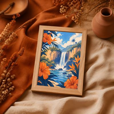 Tropical Waterfall Wall Art, Hibiscus Landscape Poster, Coastal Botanical Decor