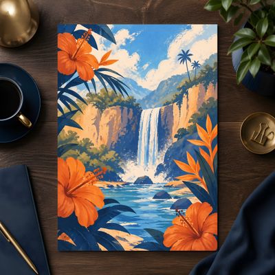 Tropical Waterfall Wall Art, Hibiscus Landscape Poster, Coastal Botanical Decor