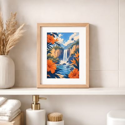 Tropical Waterfall Wall Art, Hibiscus Landscape Poster, Coastal Botanical Decor