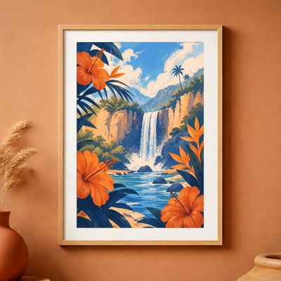 Tropical Waterfall Wall Art, Hibiscus Landscape Poster, Coastal Botanical Decor
