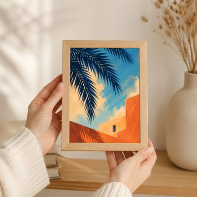Palm Tree Poster, Mediterranean Coastal Wall Art, Orange Blue Architecture Print