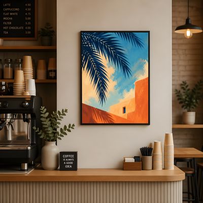 Palm Tree Poster, Mediterranean Coastal Wall Art, Orange Blue Architecture Print