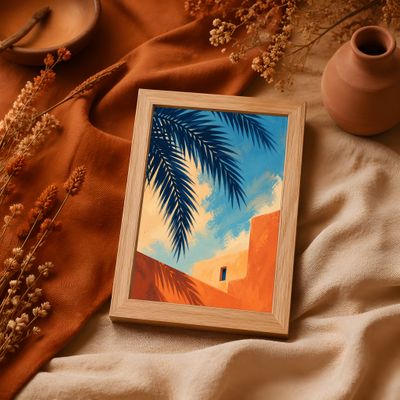 Palm Tree Poster, Mediterranean Coastal Wall Art, Orange Blue Architecture Print