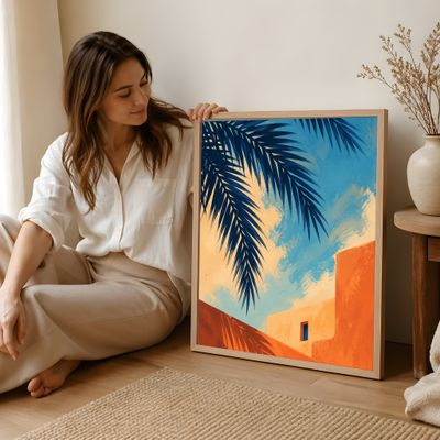 Palm Tree Poster, Mediterranean Coastal Wall Art, Orange Blue Architecture Print