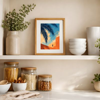 Palm Tree Poster, Mediterranean Coastal Wall Art, Orange Blue Architecture Print
