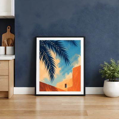 Palm Tree Poster, Mediterranean Coastal Wall Art, Orange Blue Architecture Print