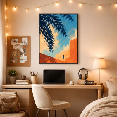 Palm Tree Poster, Mediterranean Coastal Wall Art, Orange Blue Architecture Print