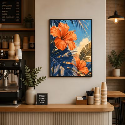 Hibiscus Wall Art, Tropical Botanical Poster, Coastal Palm Leaf Decor