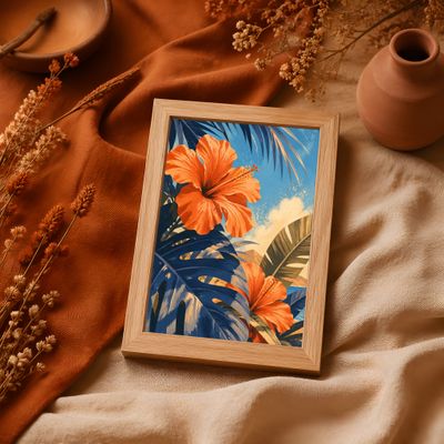 Hibiscus Wall Art, Tropical Botanical Poster, Coastal Palm Leaf Decor