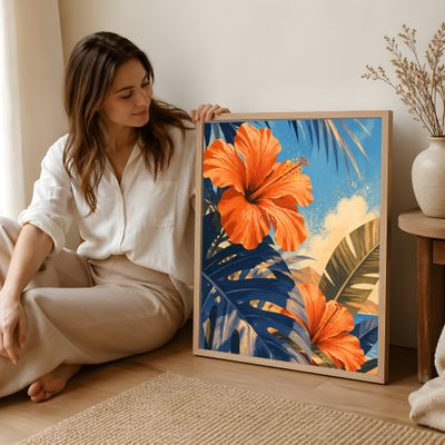 Hibiscus Wall Art, Tropical Botanical Poster, Coastal Palm Leaf Decor