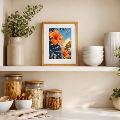 Hibiscus Wall Art, Tropical Botanical Poster, Coastal Palm Leaf Decor