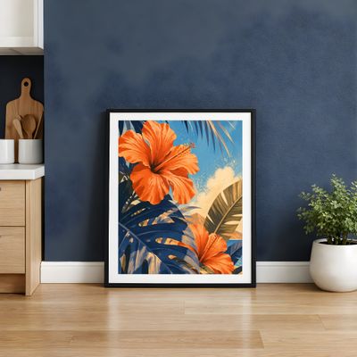 Hibiscus Wall Art, Tropical Botanical Poster, Coastal Palm Leaf Decor