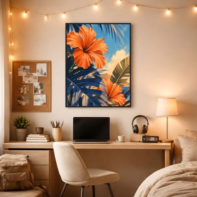 Hibiscus Wall Art, Tropical Botanical Poster, Coastal Palm Leaf Decor
