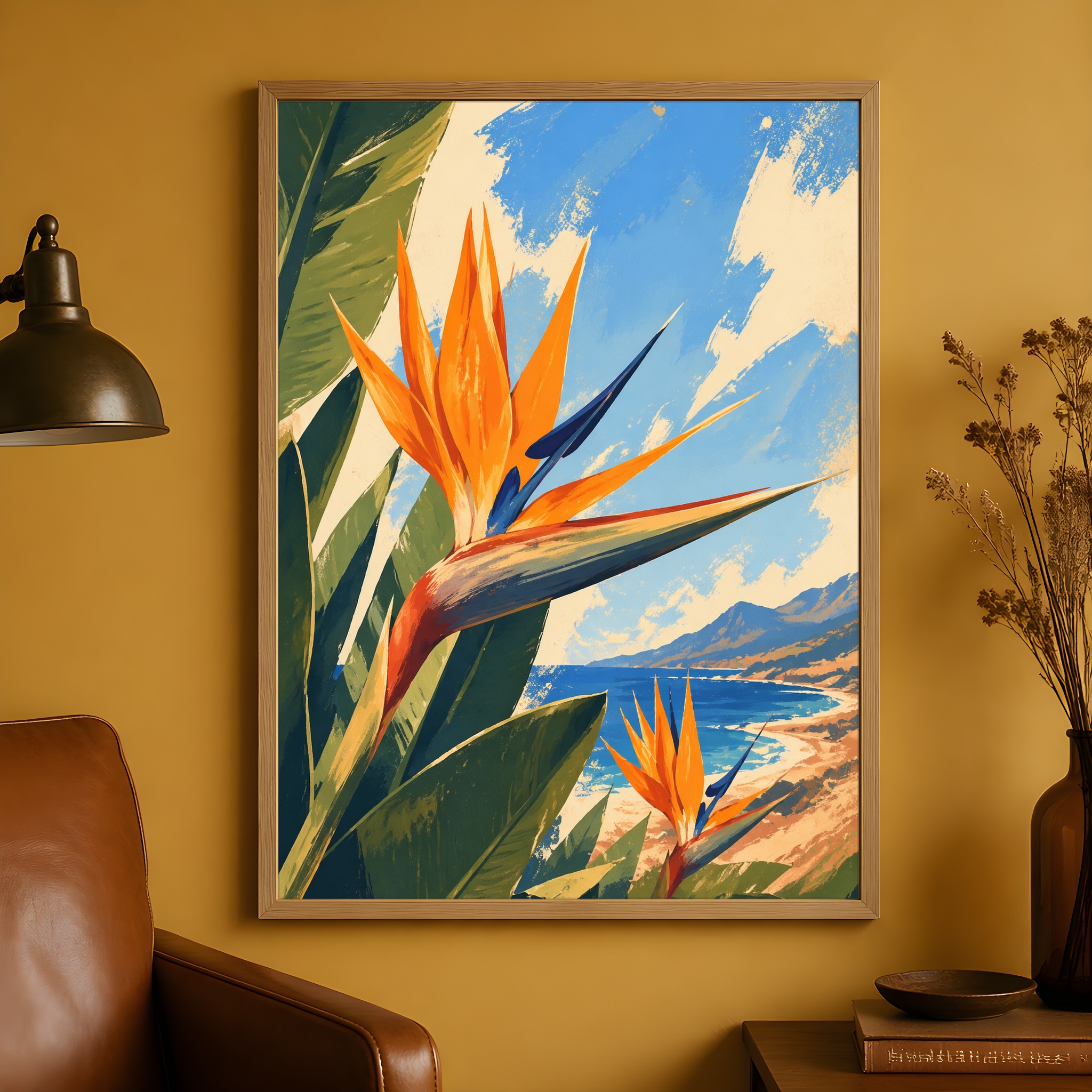 Bird of Paradise Poster, Tropical Coastal Wall Art, Botanical Beach Decor