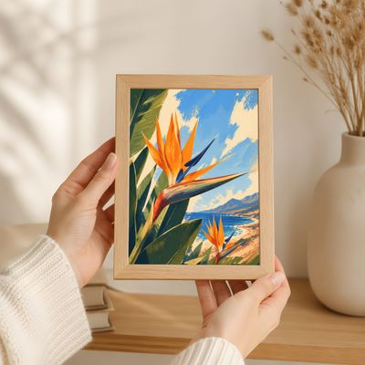 Bird of Paradise Poster, Tropical Coastal Wall Art, Botanical Beach Decor