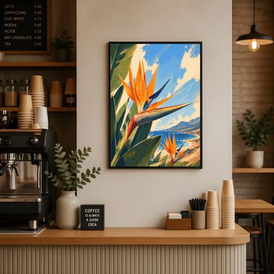 Bird of Paradise Poster, Tropical Coastal Wall Art, Botanical Beach Decor