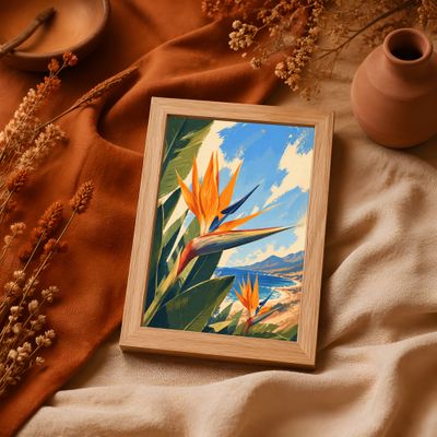 Bird of Paradise Poster, Tropical Coastal Wall Art, Botanical Beach Decor