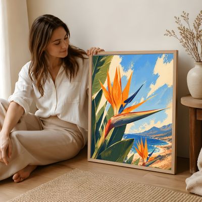 Bird of Paradise Poster, Tropical Coastal Wall Art, Botanical Beach Decor