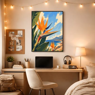 Bird of Paradise Poster, Tropical Coastal Wall Art, Botanical Beach Decor