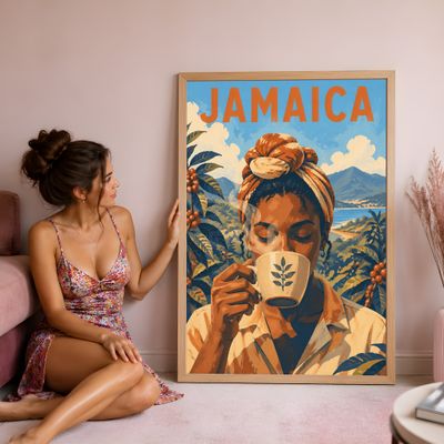 Jamaica Coffee Lover Print, Caribbean Travel Poster, Mid Century Modern Wall Art