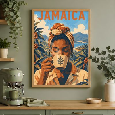 Jamaica Coffee Lover Print, Caribbean Travel Poster, Mid Century Modern Wall Art