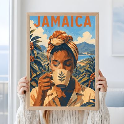 Jamaica Coffee Lover Print, Caribbean Travel Poster, Mid Century Modern Wall Art