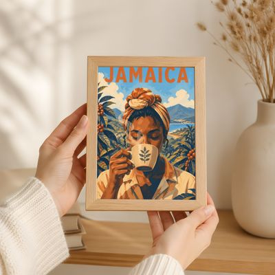 Jamaica Coffee Lover Print, Caribbean Travel Poster, Mid Century Modern Wall Art