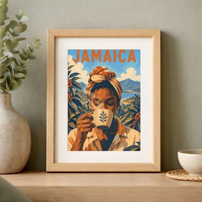 Jamaica Coffee Lover Print, Caribbean Travel Poster, Mid Century Modern Wall Art