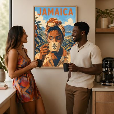 Jamaica Coffee Lover Print, Caribbean Travel Poster, Mid Century Modern Wall Art