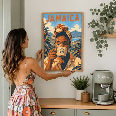 Jamaica Coffee Lover Print, Caribbean Travel Poster, Mid Century Modern Wall Art