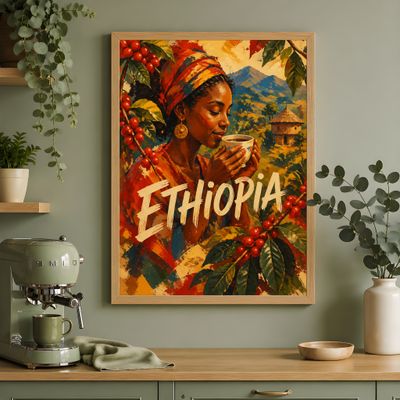 Ethiopian Coffee Art Print, Traditional African Wall Decor, Vintage Kitchen Poster