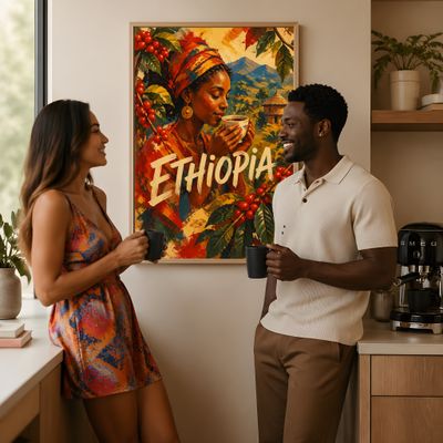 Ethiopian Coffee Art Print, Traditional African Wall Decor, Vintage Kitchen Poster